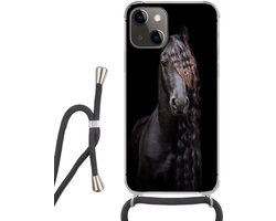 Telefoonhoesje Geschikt voor iPhone 13 - Paarden - Fries - Manen - Zwart - Dieren - Siliconen - Crossbody - Backcover met Koord - Telefoonhoesje met koord - Hoesje met touw Telefoonhoesje