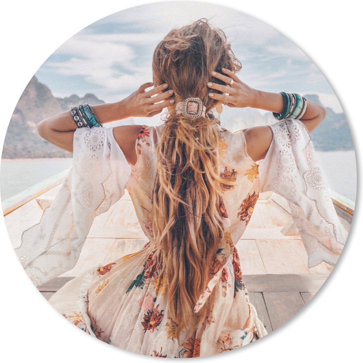 Muismat rond 30x30 cm - Mousepad Vrouw - Boot - Noorwegen - Wit - Water - Bergen - Ronde muismatten