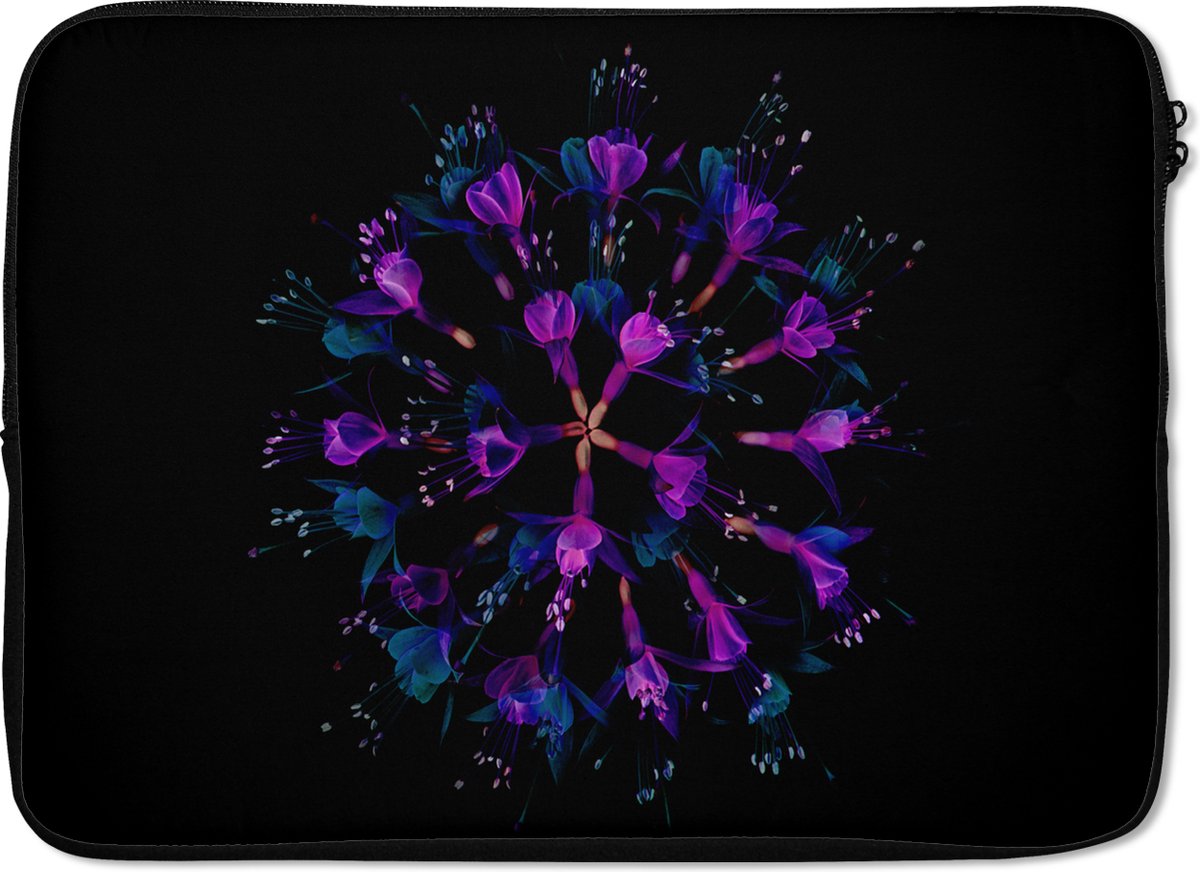 Laptophoes 13 inch - Bloem - Paars - Blauw - Macro - Zwart - Laptop sleeve - Binnenmaat 32x22,5 cm - Zwarte achterkant