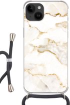 Geschikt voorApple Iphone 14 - Crossbody Case - Marmer print - Kalk - Goud - Luxe - Marmer printlook - Wit - Siliconen - Crossbody - Backcover met Koord - Telefoonhoesje met koord - Hoesje met touw