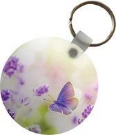 Sleutelhanger - Lavendel - Vlinder - Bloemen - Plastic - Rond - Uitdeelcadeautjes
