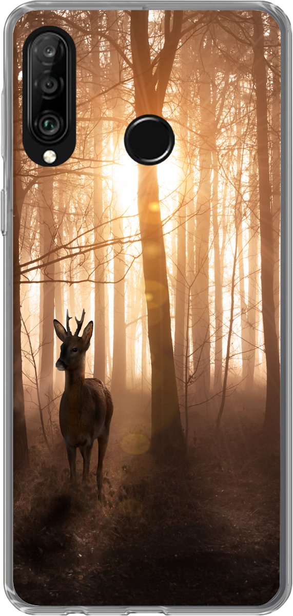 Telefoonhoesje Geschikt voor Huawei P30 Lite hoesje - Bos - Hert - Zon - Bomen - Winter - Natuur - Dieren - Siliconen Telefoonhoesje Telefoonhoesje