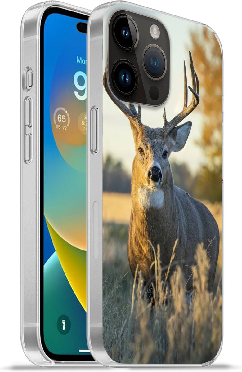 Telefoonhoesje Geschikt voor Apple Iphone 14 Pro hoesje - Hert - Gras - Herfst - Gewei - Natuur - Dieren - Siliconen Telefoonhoesje Telefoonhoesje