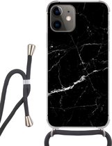 Hoesje met koord Geschikt voor iPhone 12 Mini - Marmer print look - Zwart - Luxe - Siliconen - Crossbody - Backcover met Koord - Telefoonhoesje met koord - Hoesje met touw