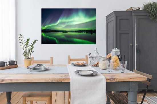 Poster Aurores Boréales - Lac - Islande - Vert - Forêt - Neige - 120x90 cm