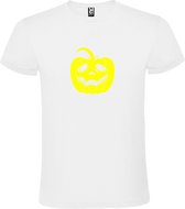 Wit T-Shirt met “ Halloween Pompoen “ afbeelding Neon Geel Size M