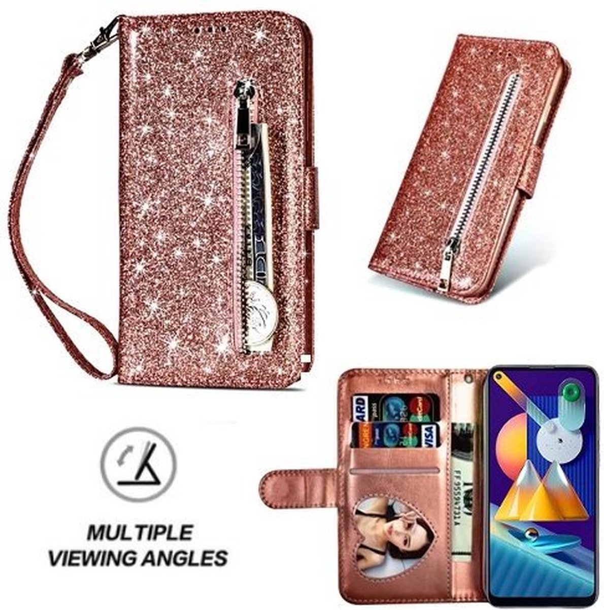 Samsung M11 Glitter Hoesje Met Pasjeshouder Bookcase Rose Goud
