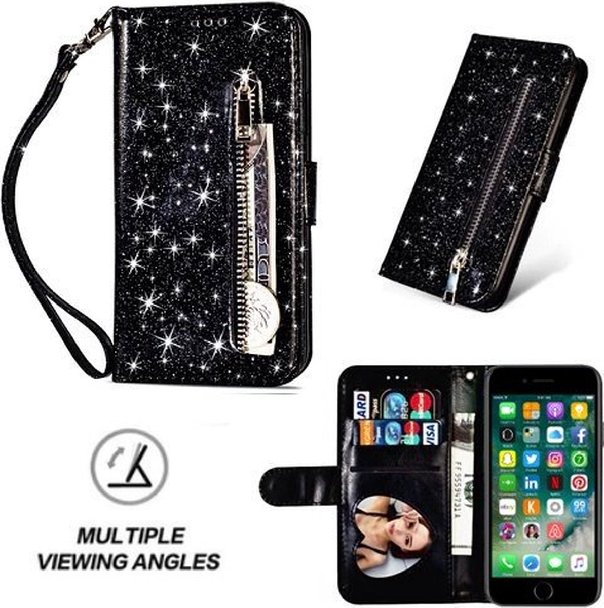 iPhone 7 Glitter Hoesje Met Pasjeshouder Bookcase Zwart