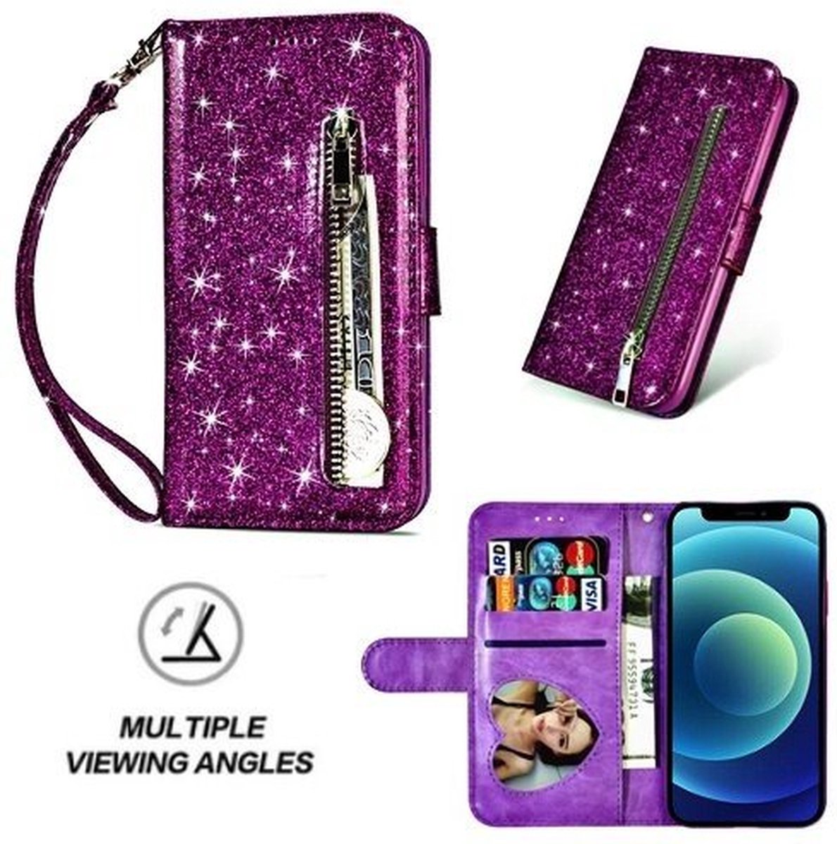 iPhone 12 Mini Glitter Hoesje Met Pasjeshouder Bookcase Paars