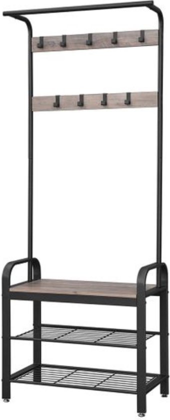 Grijze kapstok met houten planken en metalen frame. Twee rijen van vijf haken aan het grijze paneel.