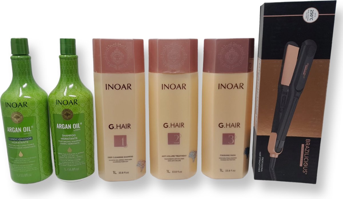 Inoar G Hair 3x1000ml KIT original braziliaans product keratine treatment keratin behandeling & Inoar Argan Shampoo & Conditioner 1 L & Professionele StijlTang Van BraziliCious 250°G