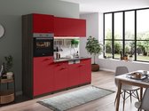 Goedkope keuken 205  cm - complete keuken met apparatuur Oliver  - Donker eiken/Rood   - elektrische kookplaat - vaatwasser   - oven    - spoelbak