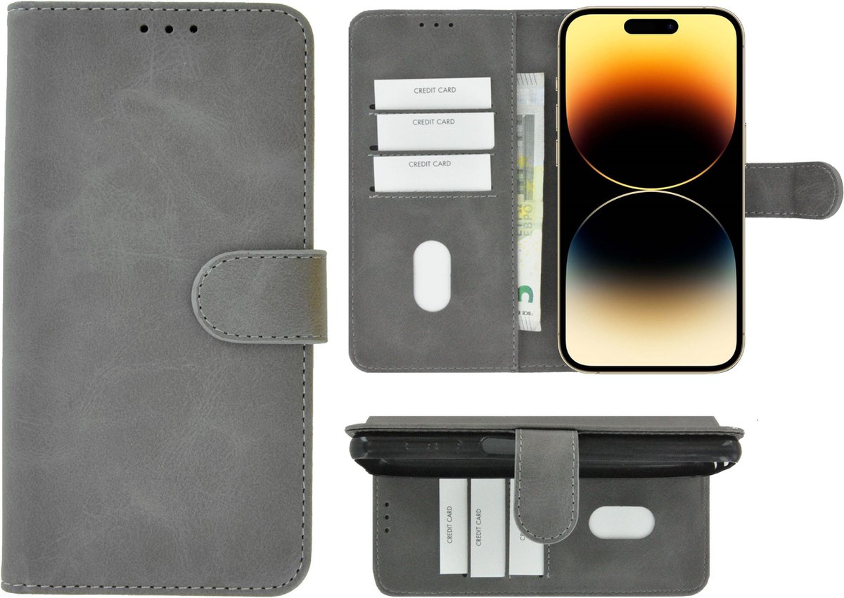 MoDo hoesje Geschikt voor iPhone 14 Pro Max - Kunstleer Book Case - Grijs