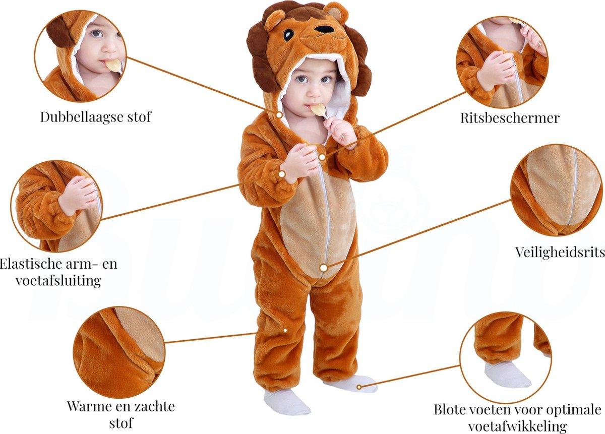 Budino® Baby Onesie - Baby Romper - Baby Pyjama - Baby Pakje - Baby Verkleedkleding - Carnavalskleding - Dier - Leeuw - Bruin — afbeelding 6