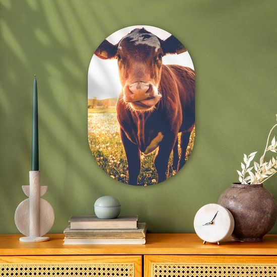 Ovale Mural - Décoration murale Plastique - Tableau Ovale - Vache - Coucher de Soleil - Fleurs - Prairie - 40x60 cm - Forme Miroir Ovale sur Plastique