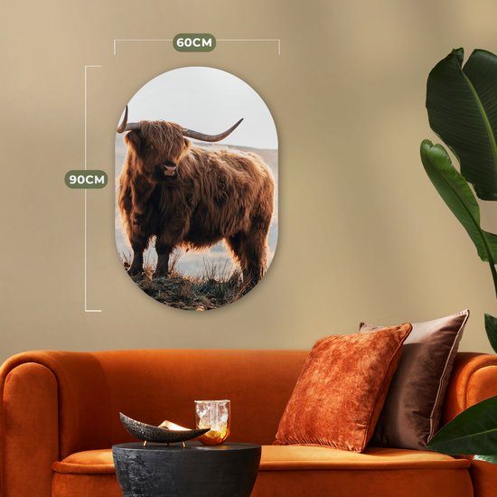 Ovale mural - Ovale mural - Décoration murale murale en plastique - Tableau ovale - Highlander écossais - Animaux - Rural - Paysage - Vache - Nature - 60x90 cm - Forme miroir ovale sur plastique