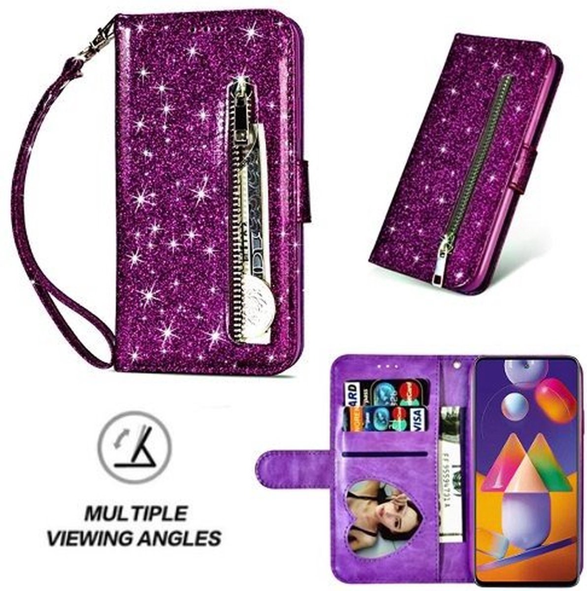 Samsung M31s Glitter Hoesje Met Pasjeshouder Bookcase Paars
