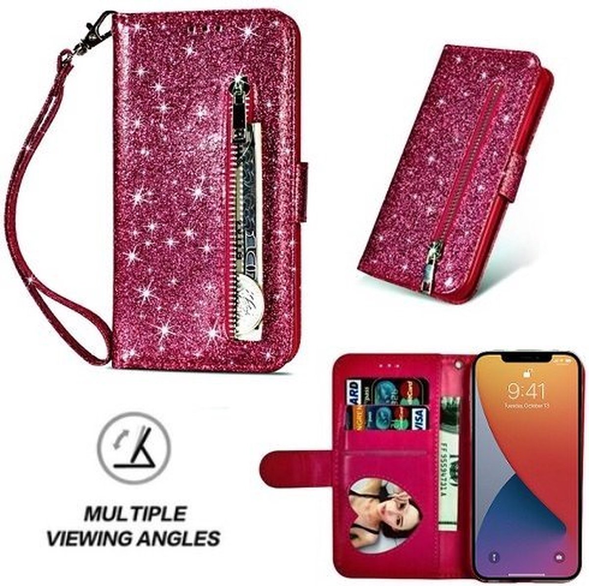 iPhone 12 Pro Max Glitter Hoesje Met Pasjeshouder Bookcase Roze