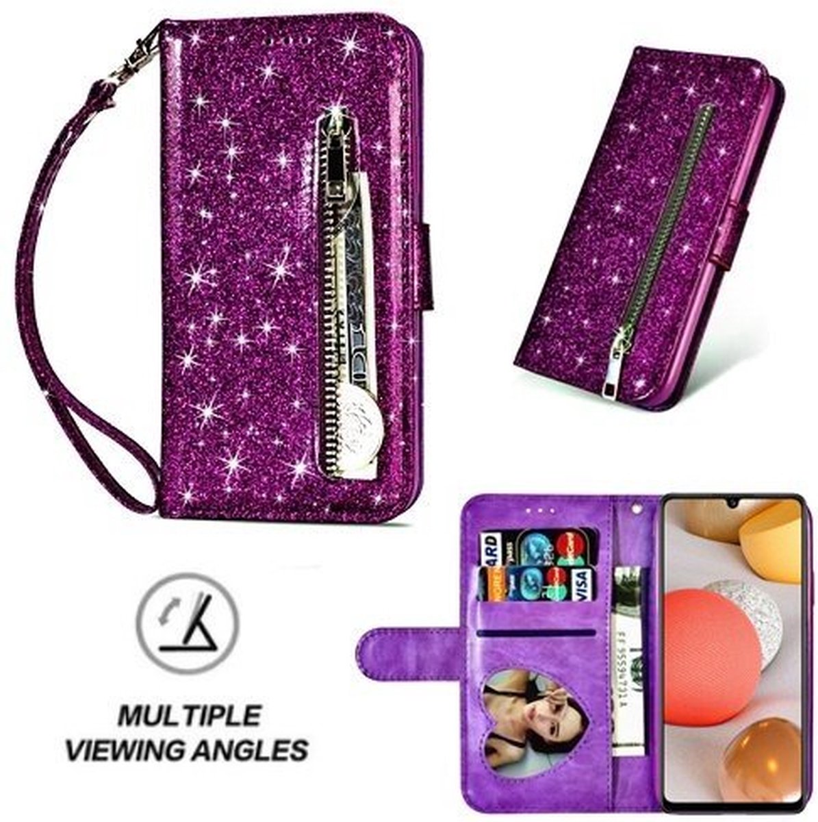 Samsung A42 Glitter Hoesje Met Pasjeshouder Bookcase Paars