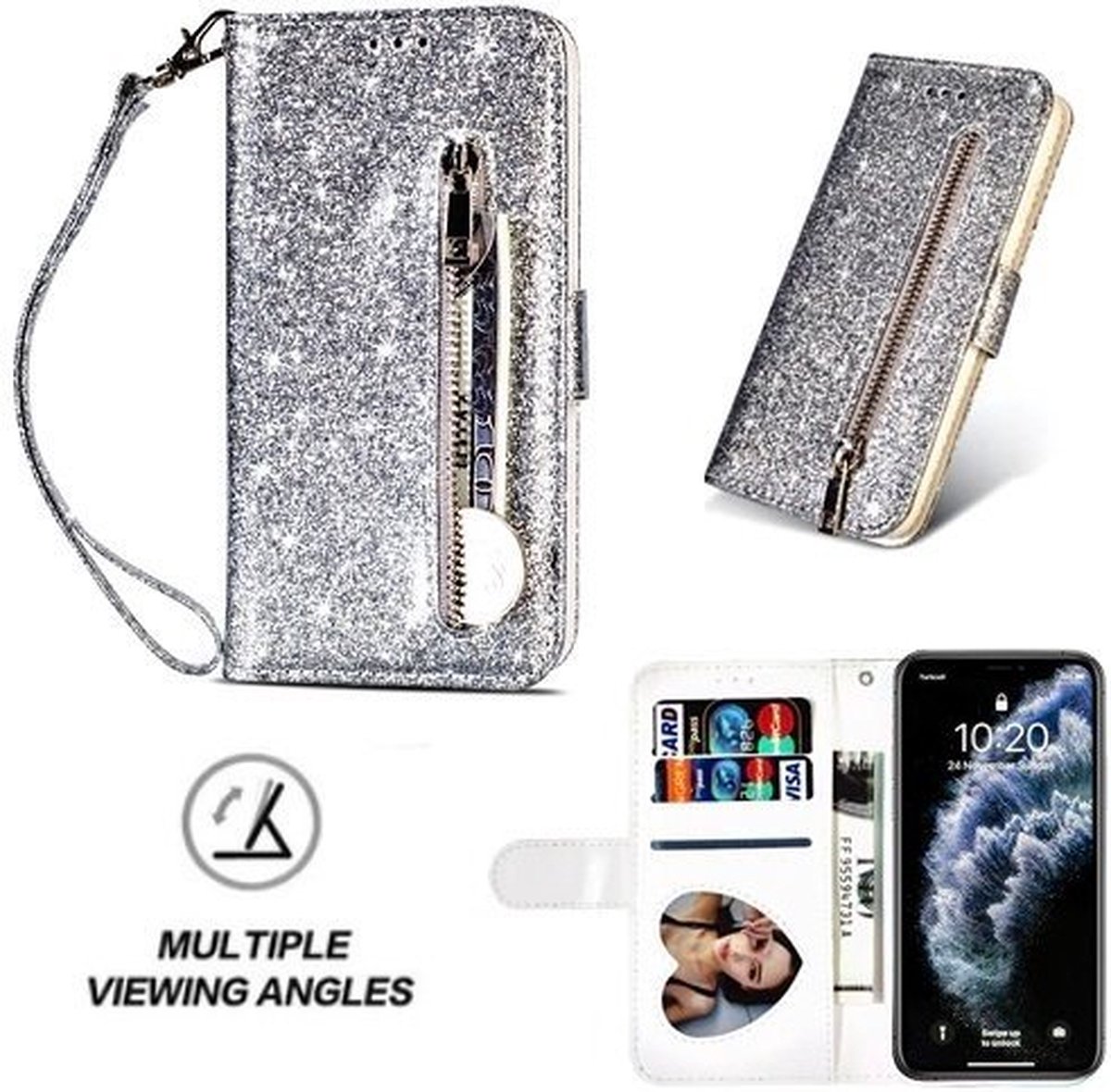 iPhone 11 Pro Max Glitter Hoesje Met Pasjeshouder Bookcase Zilver