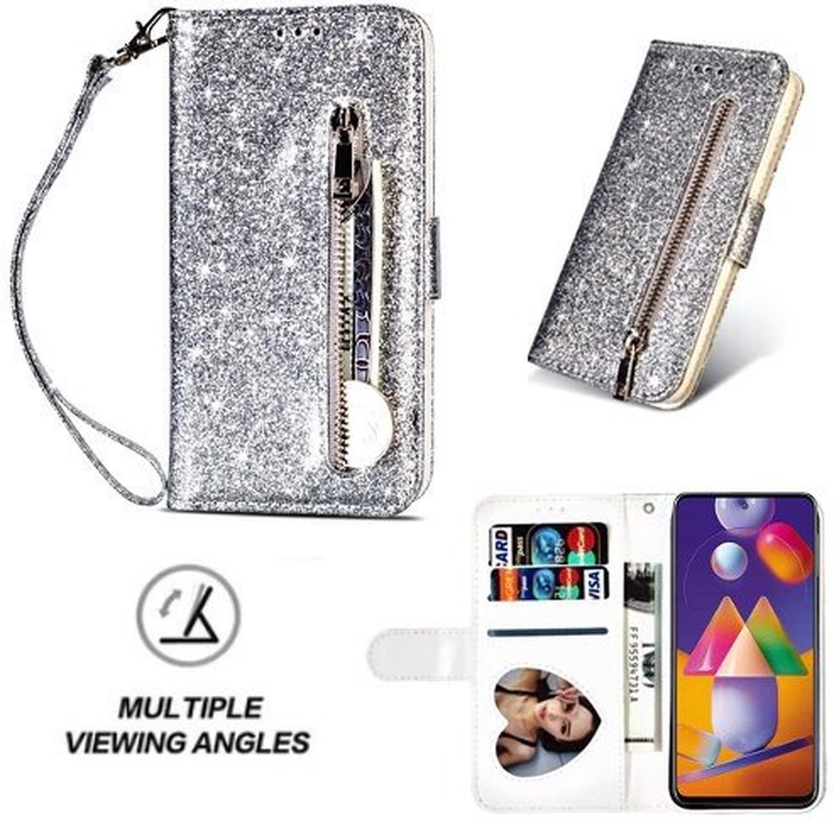 Samsung M31s Glitter Hoesje Met Pasjeshouder Bookcase Zilver