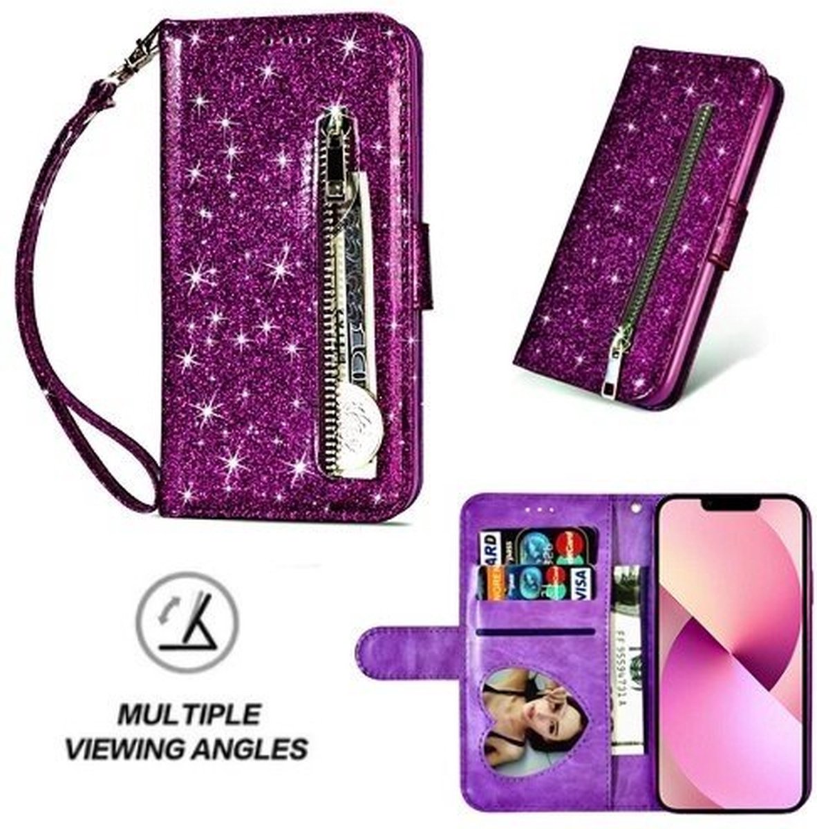 iPhone 13 Glitter Hoesje Met Pasjeshouder Bookcase Paars