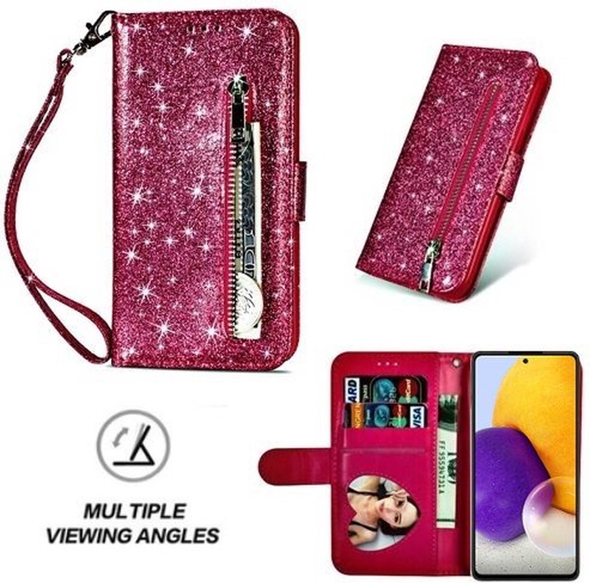 Samsung A72 Glitter Hoesje Met Pasjeshouder Bookcase Roze