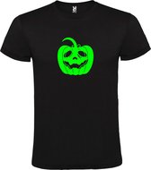 Zwart T-Shirt met “ Halloween Pompoen “ afbeelding Neon Groen Size M