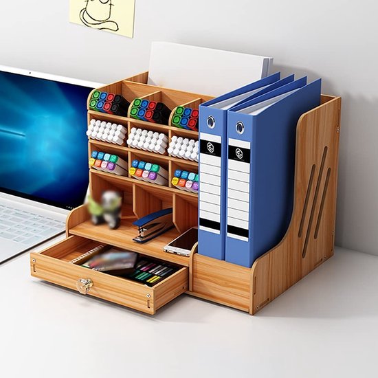 Bureau-bureau-rek: kantoor-opbergrek, houten en metalen structuur, multifunctionele houten plank voor werkblad, bureau-organizer