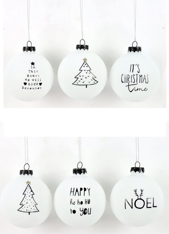 Kerstballen Zwart Wit 6 stuks met tekst Modern! bol
