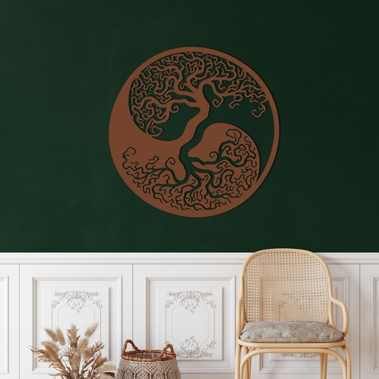 Wanddecoratie | Levensboom Yin Yang / Tree of Life Yin Yang | Metal - Wall Art | Muurdecoratie | Woonkamer | Buiten Decor |Bronze| 45x45cm