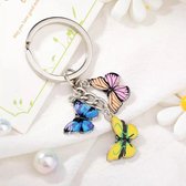 Sleutelhanger - Sleutelhanger met Drie verschillende Vlinder - Blauw, Roze, Geel - Schattige Sleutelhanger met vlinders van Roestvrij Staal