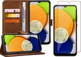 Hoesje geschikt voor Samsung A03 - Book Case Leer Wallet Cover Portemonnee Pasjeshouder Hoes Bruin - Tempered Glass Screenprotector