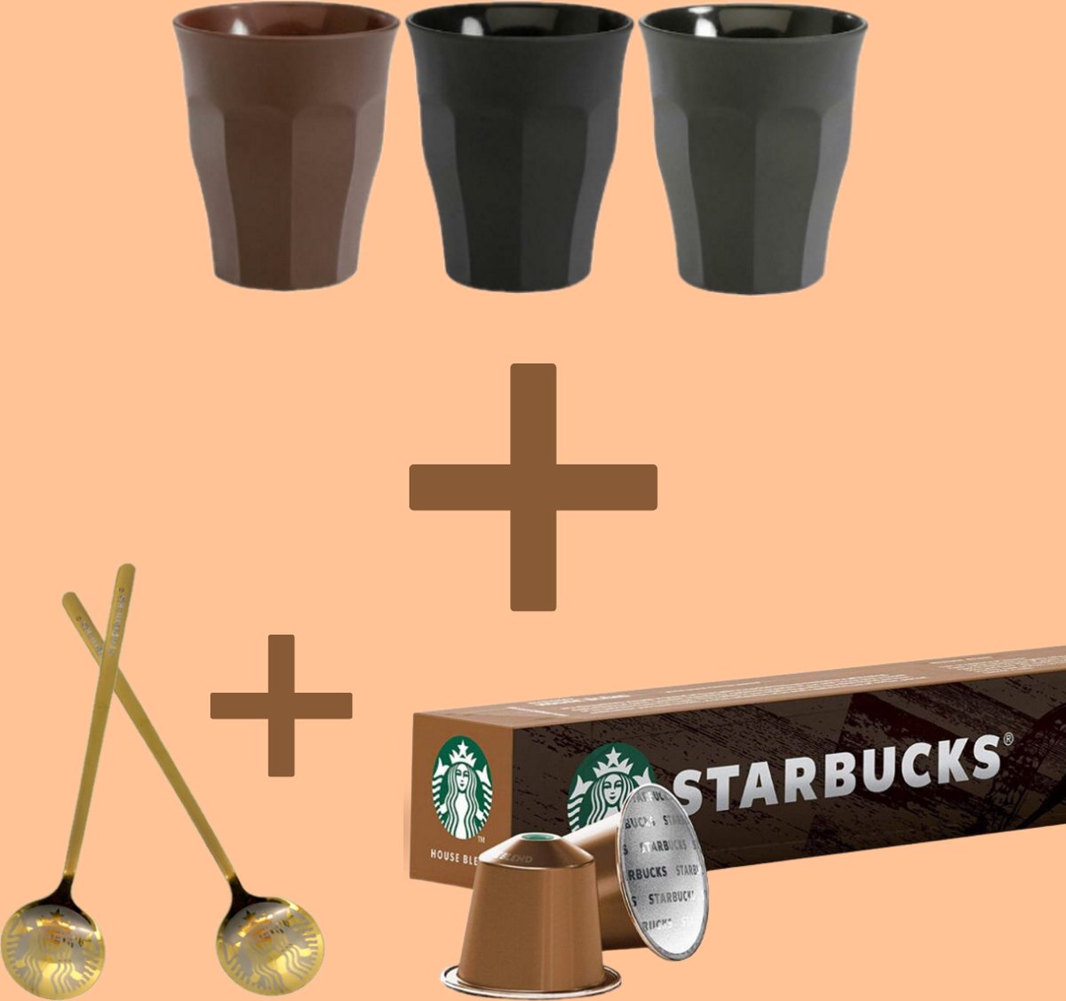 Starbucks Koffiepakket | Met 3 Matte Expressoglaasjes | 10 Starbucks House Blend Cups | 2 Gouden Lepetjes