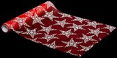 Tafelloper - Kerst - Lengte 500 cm - Breedte 28 cm - Rood met sterren Motief - Organza stof - Tafeldecoratie