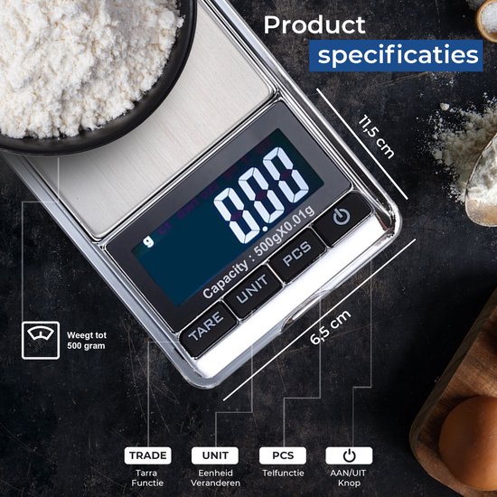 Precisie Weegschaal Keuken Digitaal - 0 01 tot 500 gram - Incl. batterij! - Premium Commerce