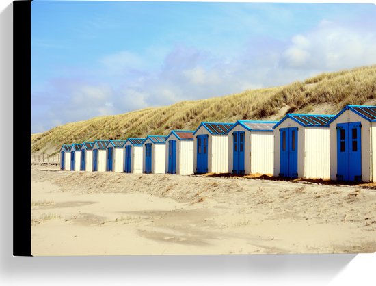 WallClassics - Canvas  - Blauw met Witte Strandhuisjes - 40x30 cm Foto op Canvas Schilderij (Wanddecoratie op Canvas)