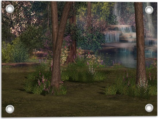 WallClassics - Tuinposter – Bloemen en Bomen bij Waterval - 40x30 cm Foto op Tuinposter  (wanddecoratie voor buiten en binnen)