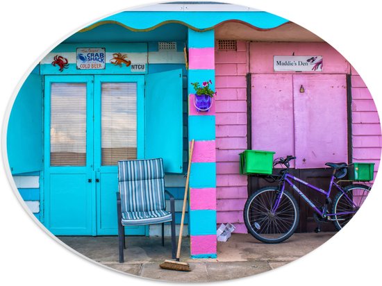 WallClassics - PVC Schuimplaat Ovaal - Blauw en Roze Strandhuisjes - 28x21 cm Foto op Ovaal  (Met Ophangsysteem)