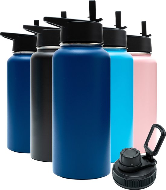 Gourde - Blue marine - 1 litre - Bouchon Extra avec paille et bec verseur - Gourde avec paille - Bouteille isotherme - Sans BPA - Étanche