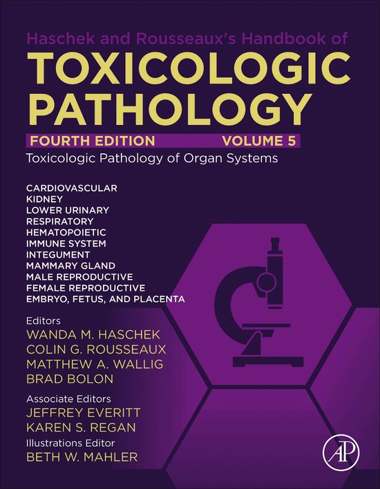 Paarse boekcover van Haschek and Rousseaux's Handbook of Toxicologic Pathology, Volume 5 met microscoopicoon.