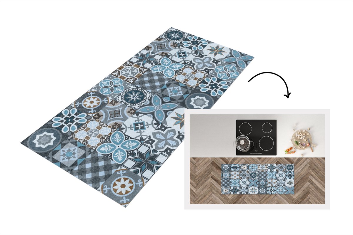 KitchenYeah Keukenloper - Loper keuken - Design - Bloem - Blauw - Figuren - 120x50 cm - Keukenloper vinyl Multicolor