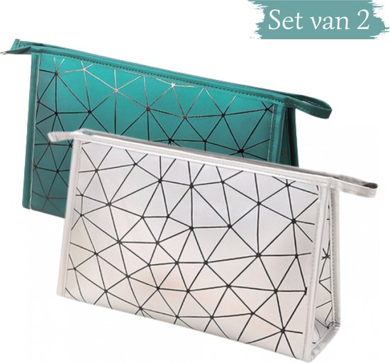 2x Toilettas wit en groen driehoekjes - Cosmetica organizer - Organiser reizen - Tas opberger - Travel organizer - Make-up opbergen