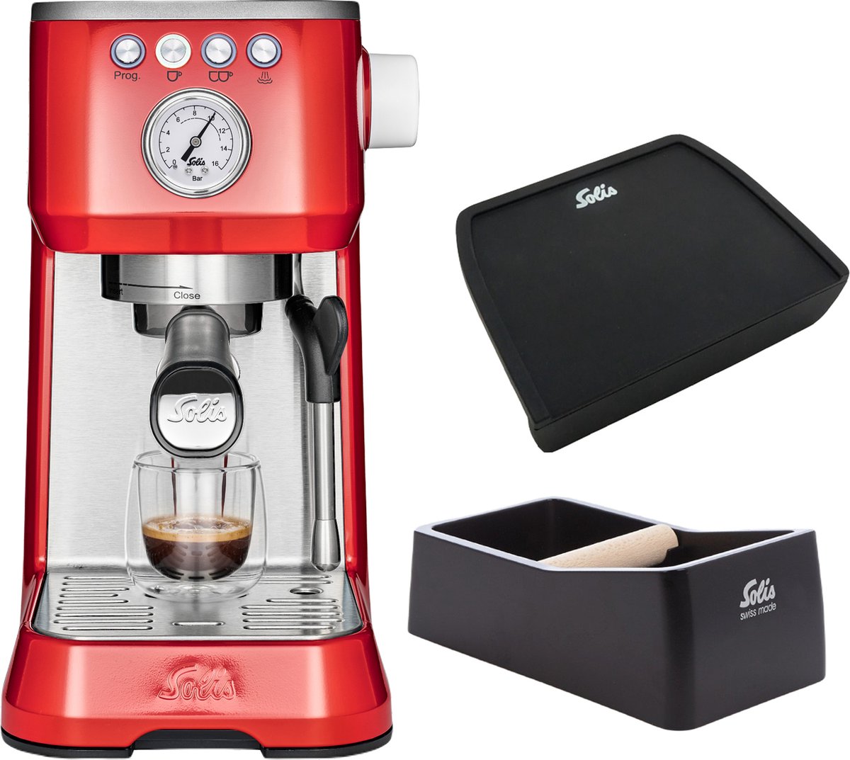 Solis Barista Perfetta Plus 1170 Pistonmachine Espressomachine Inclusief Coffee Knock-Box en Tamping Mat Rood