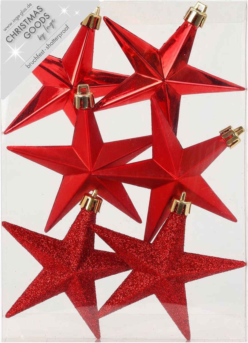 Christmas goods Inge-glas Kersthangers 6x - sterren - rood - 10 cm - kunststof - lichtgewicht