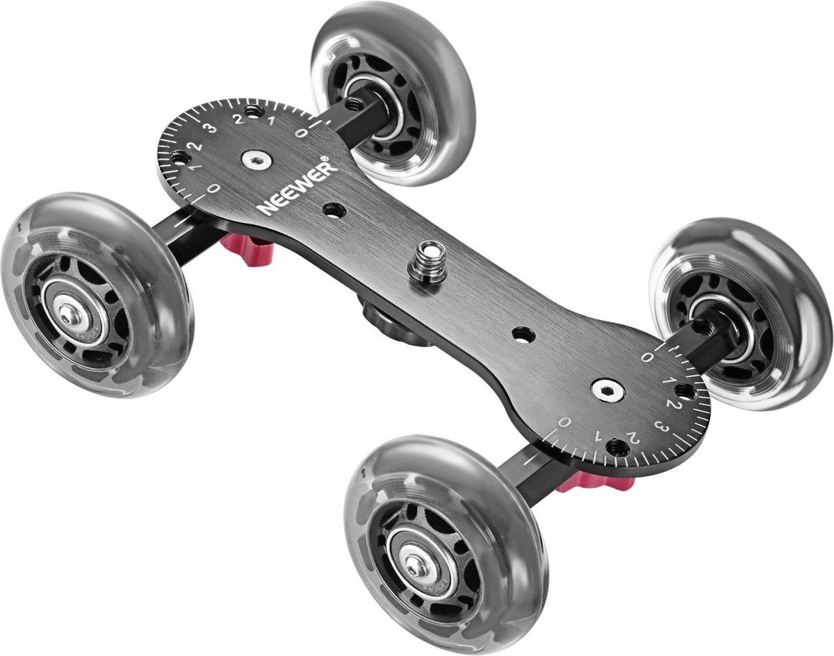 Neewer® - Camera Auto Skater Ontwerp met Schaal Aluminium Staven - Zwenkbare Rubberen Wielen - 0,5cm/1cm Schroefdraad Voor DSLR's - videocamcorder Zwart - laadvermogen 10kg