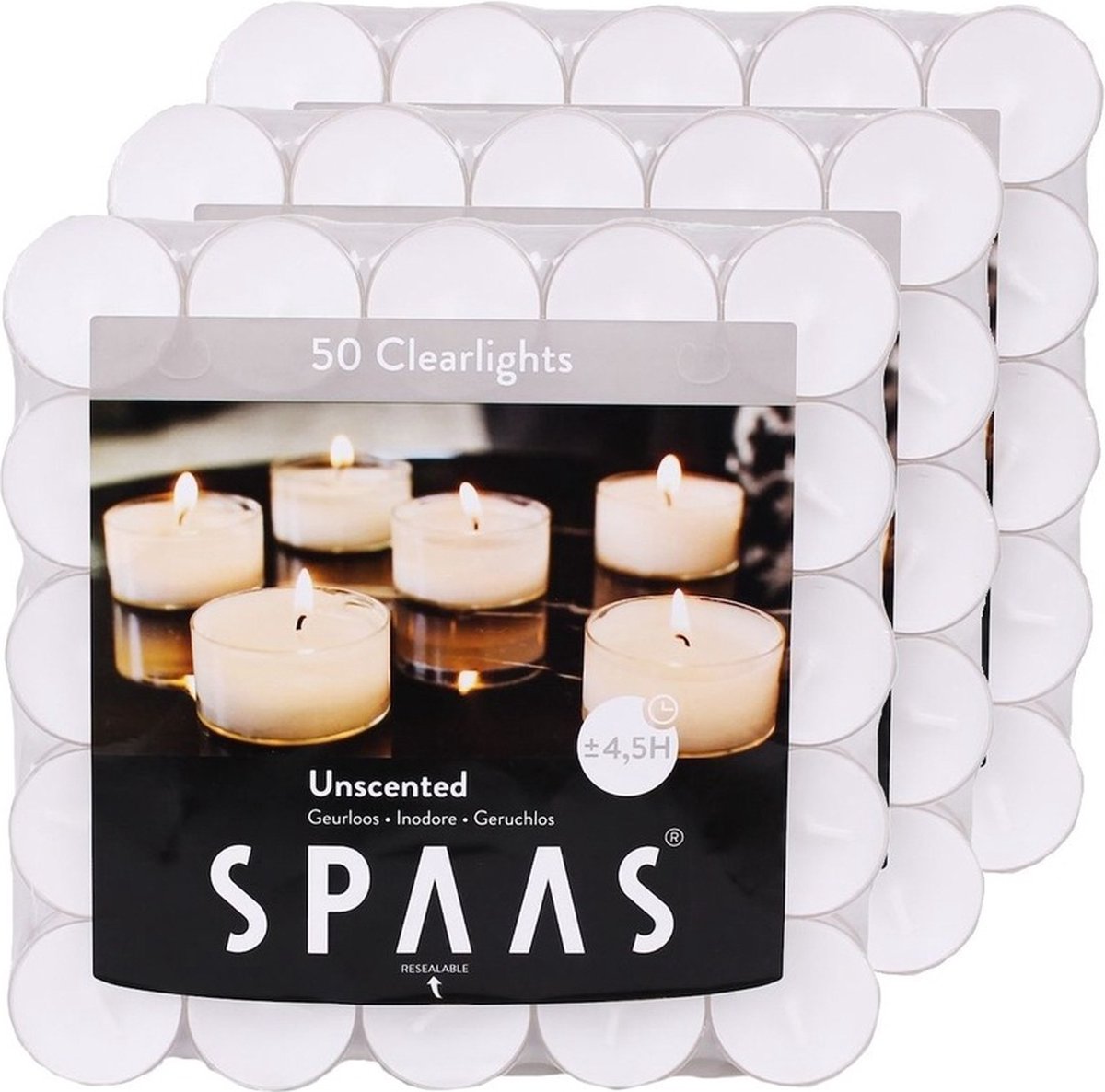 SPAAS Clearlights theelichtjes/waxinelichtjes - 150x - wit - 4,5 branduren - transparante cup