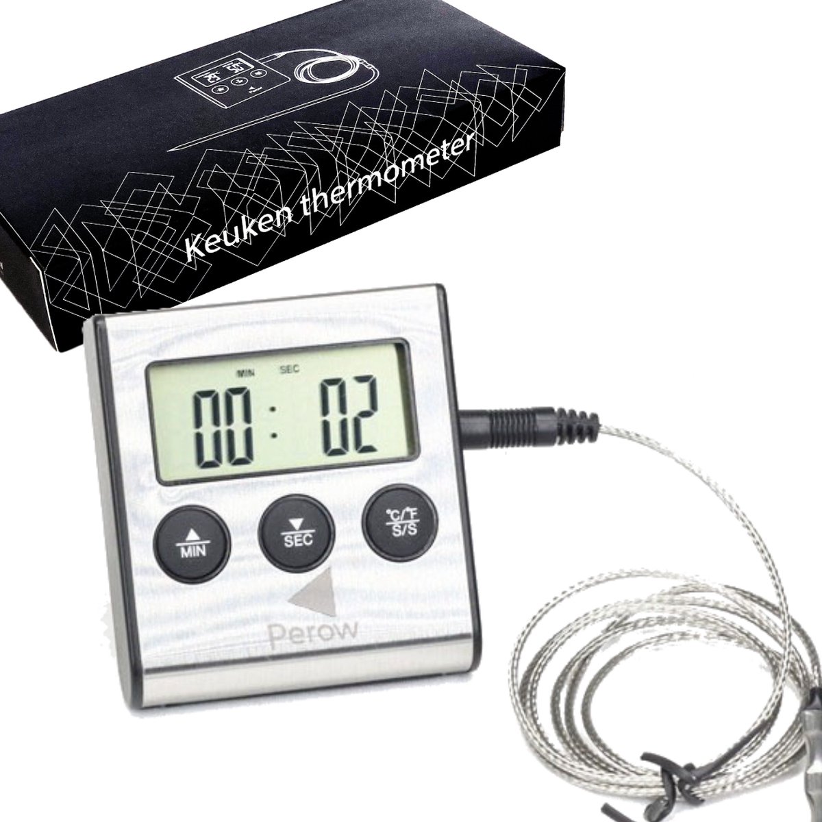 Perow - BBQ Thermometer en Wekker - RVS – Zilver – Suikerthermometer – Voedselthermometer - Perow