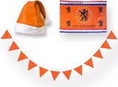 De OranjeFan Versierpakket EK voetbal 2024 / Oranje vlaggetjes 10m vlaggenlijn / Oranje vlag 100x70cm / Oranje kerstmuts / WK 2024