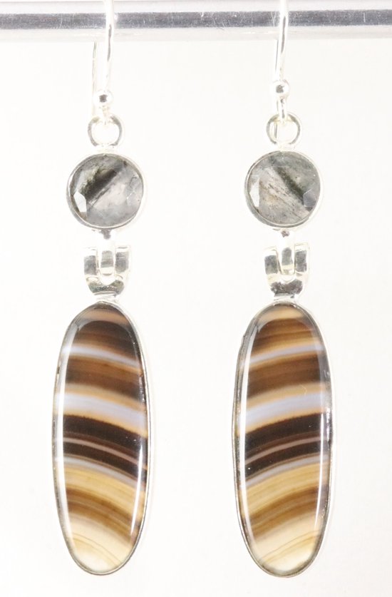 Boucles d'oreilles longues en argent avec agate du Botswana et quartz rutile noir